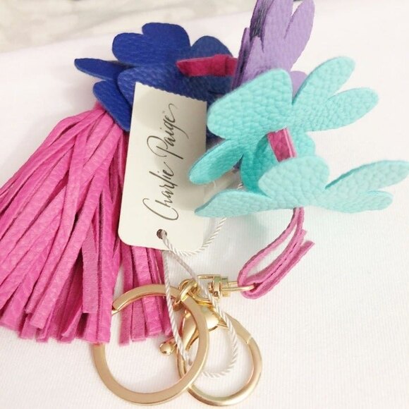Charlie Paige Flower Tassel Bag Charm Key Chain Pink Teal Purple Blue - Picture 3 of 5